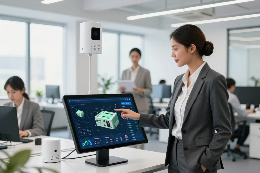 A modern office environment showcasing smart pest control integration. In the foreground, a confident professional in smart business attire interacts with a sleek touchscreen interface displaying 3D models of pest control systems, highlighting data analytics and real-time monitoring. The middle layer features advanced technology like sensors and smart traps integrated into the space, blending seamlessly with a clean and organized workspace. In the background, large windows allow natural light to flood in, illuminating the high-tech setup while maintaining a bright, welcoming atmosphere. The scene conveys innovation and professionalism, with a focus on collaboration and efficiency in pest management.