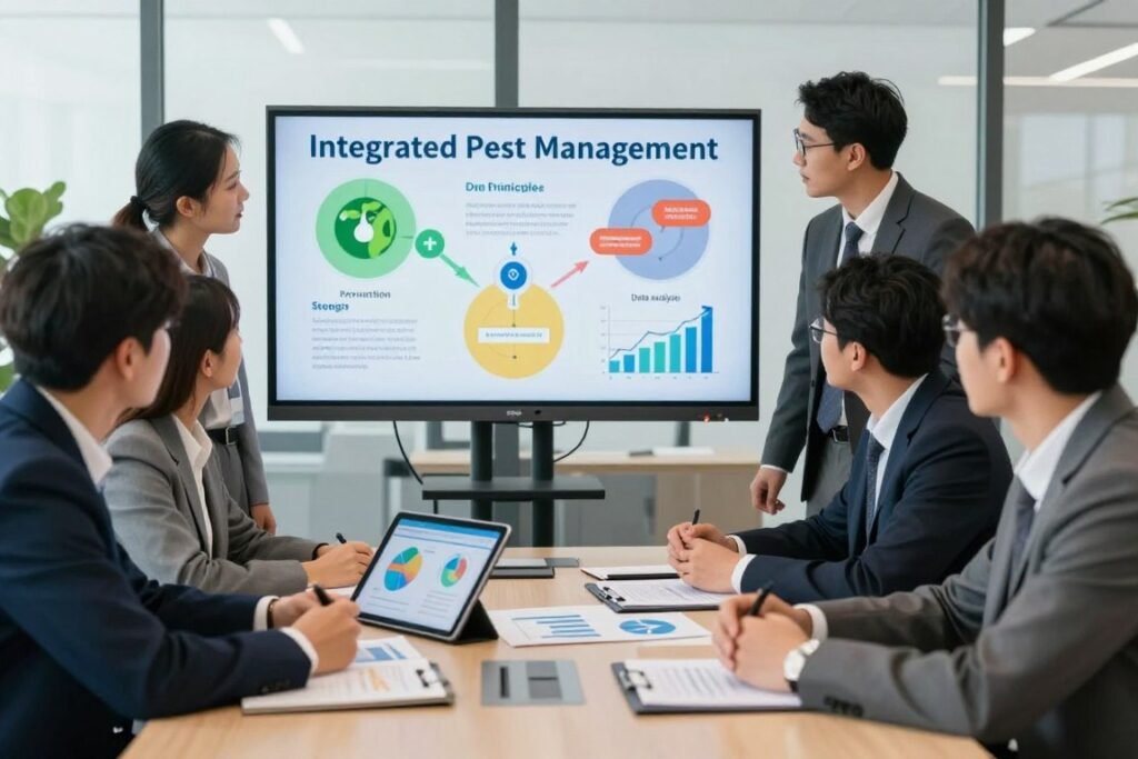 A professional, well-organized business meeting focused on integrated pest management strategies. In the foreground, a diverse group of professionals in business attire discuss pest management approaches, analyzing graphs and charts on a digital tablet. In the middle ground, a large screen displays a colorful infographic illustrating the principles of integrated pest management: ecological balance, prevention methods, and data analysis. The background features a modern office environment with large windows allowing soft natural light to illuminate the space. The atmosphere is collaborative and innovative, reflecting a commitment to sustainable practices in pest control. The scene captures the essence of teamwork and strategic planning, with a focus on technology and environmental responsibility.
