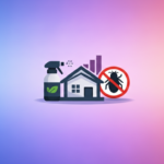 Illustration of a house with a spray bottle on the left and a no-bugs sign on the right, symbolizing pest control by Klar Partners Ltd, set against a gradient pink and blue background.
