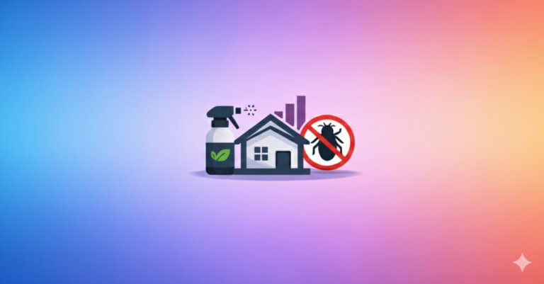 Illustration of a house with a spray bottle on the left and a no-bugs sign on the right, symbolizing pest control by Klar Partners Ltd, set against a gradient pink and blue background.