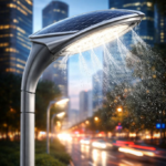 A modern, dust resistant streetlight with a solar panel is illuminated during rainfall at dusk, part of a self cleaning street lamp research project, with blurred city buildings and car lights glowing in the background.