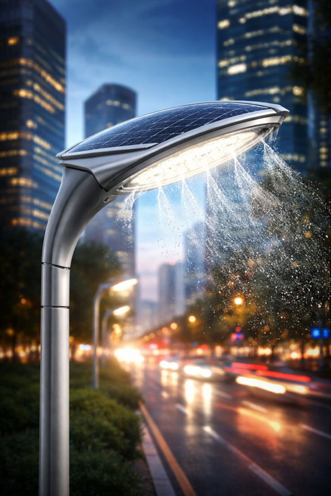 A modern, dust resistant streetlight with a solar panel is illuminated during rainfall at dusk, part of a self cleaning street lamp research project, with blurred city buildings and car lights glowing in the background.