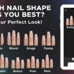 A graphic titled Which Nail Shape Suits You Best? Find Your Perfect Look! showcases 12 different nude-colored nail shapes on artificial hands, along with a smartphone displaying each nail shape’s name.
