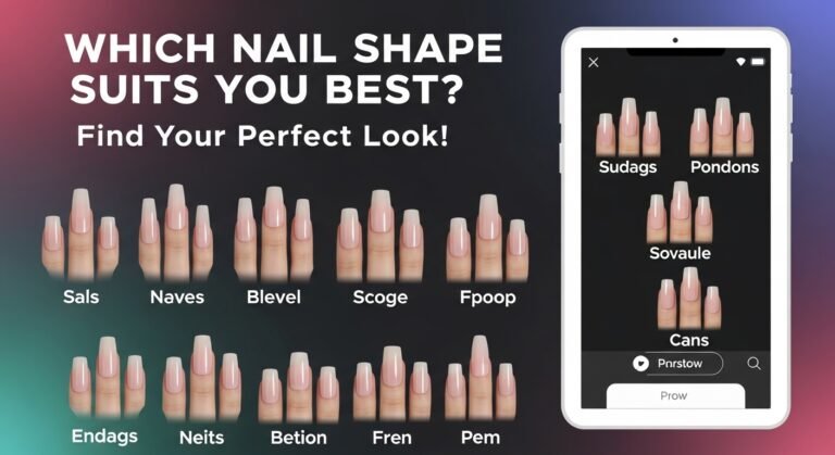 A graphic titled Which Nail Shape Suits You Best? Find Your Perfect Look! showcases 12 different nude-colored nail shapes on artificial hands, along with a smartphone displaying each nail shape’s name.