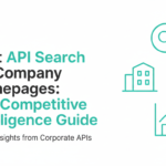 Text reads: Best API Search Company’s Homepage: The Competitive Intelligence Guide. Unlock Insights from Corporate APIs. To the right are green line icons of a building, magnifying glass, and upward trending graph.