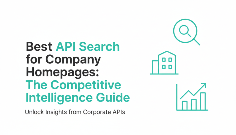 Text reads: Best API Search Company’s Homepage: The Competitive Intelligence Guide. Unlock Insights from Corporate APIs. To the right are green line icons of a building, magnifying glass, and upward trending graph.