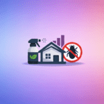 Illustration of a house with a spray bottle on the left and a no-bugs sign on the right, symbolizing pest control by Klar Partners Ltd, set against a gradient pink and blue background.