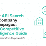 Text reads: Best API Search Company’s Homepage: The Competitive Intelligence Guide. Unlock Insights from Corporate APIs. To the right are green line icons of a building, magnifying glass, and upward trending graph.